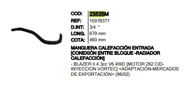 Manguera Calefaccion Entrada Bloque Inr 23535M Universal - M23535m 1
