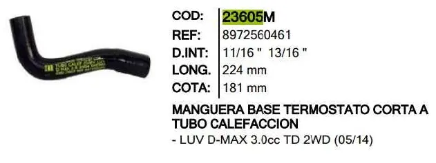 Manguera Base Termostato Corta Tubo Inr 23605 Dmax 3.0 - M23605 1