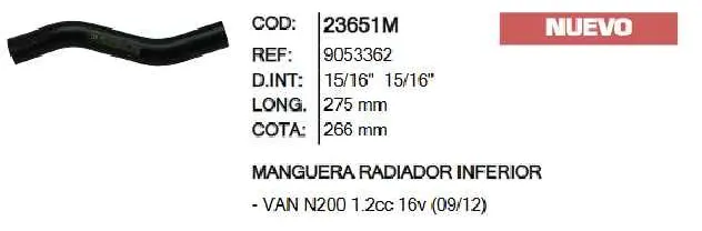 Man.23651 Manguera Radiador Inf Inr Van N200 1.2 9053362 1