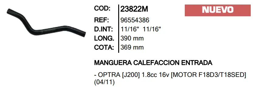Manguera Calefaccion Entrada Inr 23822 Optra - M23822 1