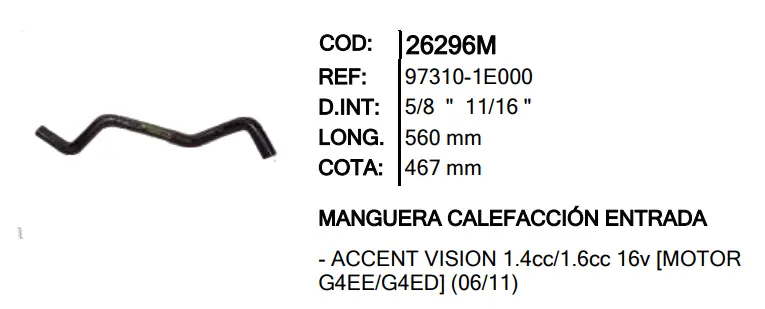 Manguera Calefaccion Entrada Inr 26296 Hyundai Accent 12- - M26296m 1