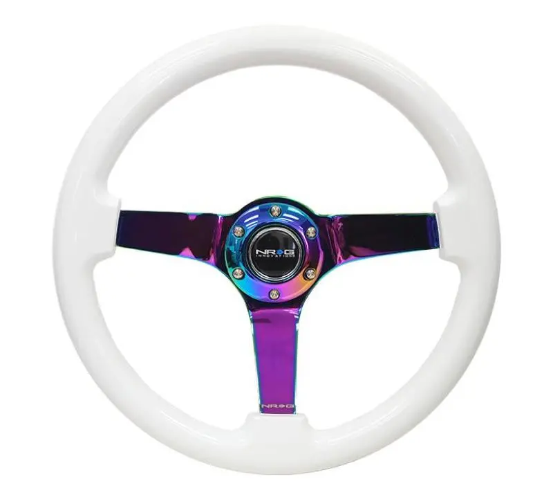 Nrg Classic White 350Mm Reinforced Steering Wheel – 3-Spoke Design With Neochrome Finish And 3-Inch Depth 1