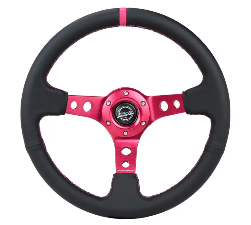 Nrg Reinforced 350Mm Steering Wheel – Black Leather With Fuchsia Center Mark & Stitching 1