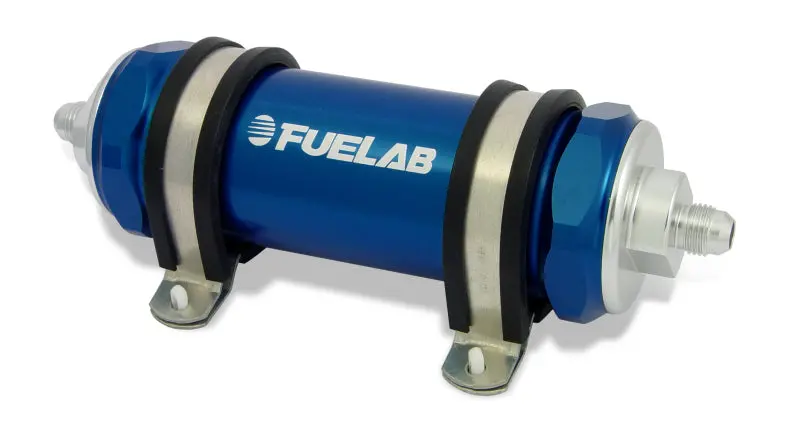 Fuelab 828 In-Line Fuel Filter Long -12An In/-8An Out 40 Micron Stainless - Blue 1