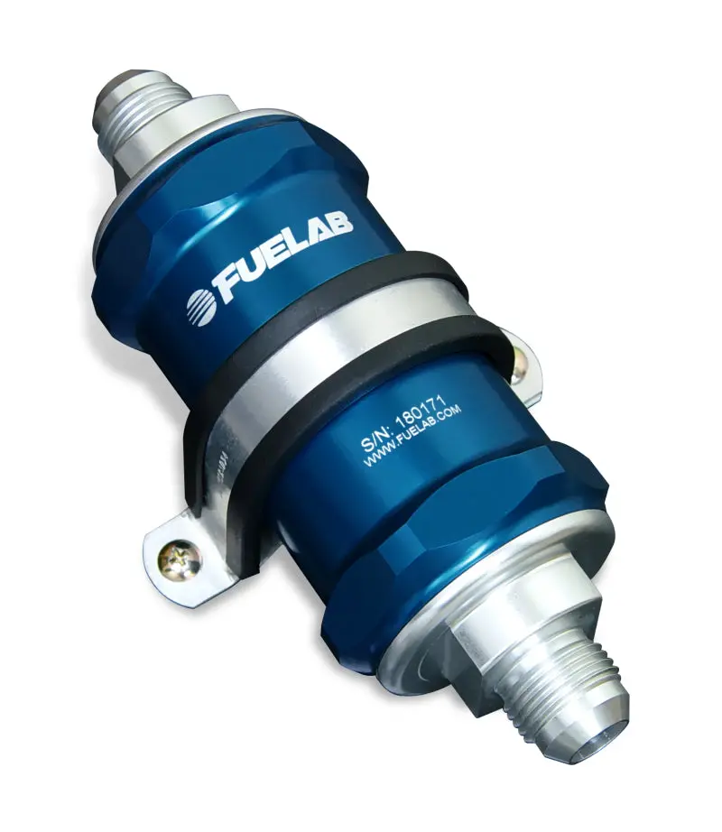Fuelab 818 Inline Fuel Filter – -8An Inlet / -6An Outlet, 6-Micron Fiberglass Element, Blue Anodized Housing 1