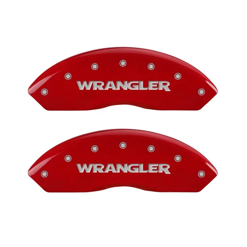 Mgp Engraved Front Caliper Cover Set For Jeep Wrangler, Red Finish With Silver Chrome Accents 1
