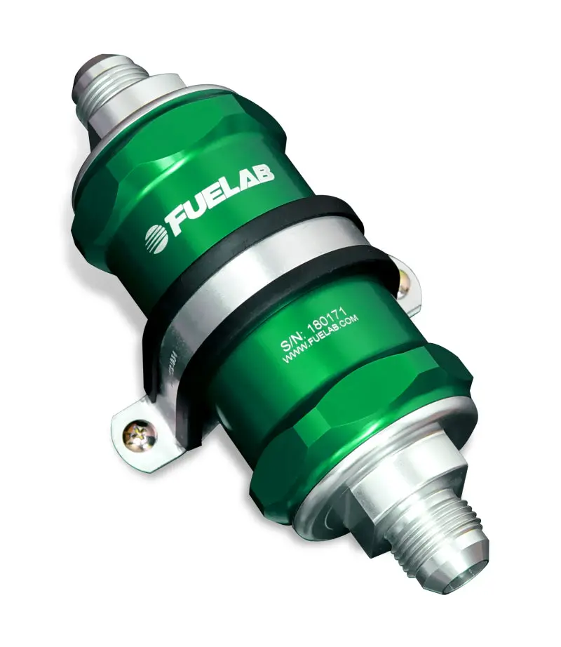 Fuelab Stainless Steel Inline Fuel Filter – 100-Micron, -8An In / -6An Out, Green Housing 1
