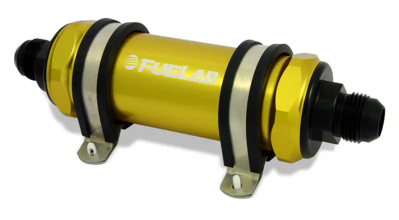Fuelab 828 Inline Fuel Filter – -6An In / -12An Out, 40-Micron Stainless Steel, Gold Anodized 1