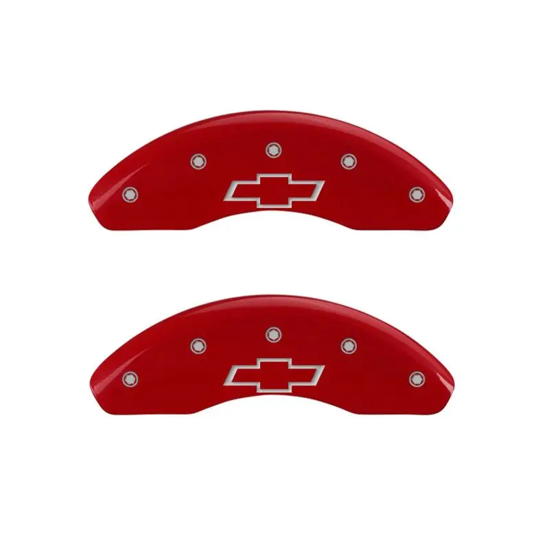 Mgp Billet Aluminum 4-Piston Caliper Covers – Engraved Bowtie Design, Front & Rear, Red Accent On Silver 1