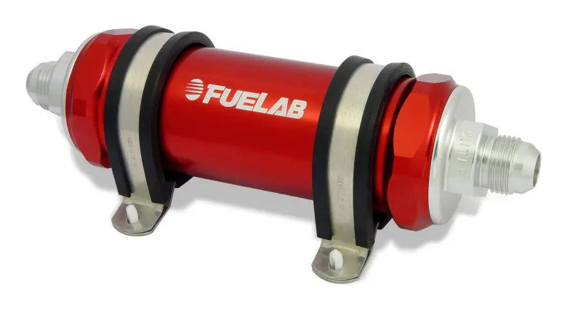 Fuelab Inline Fuel Filter – Long Body, -12An Inlet / -10An Outlet, 6-Micron Fiberglass, Red Housing 1