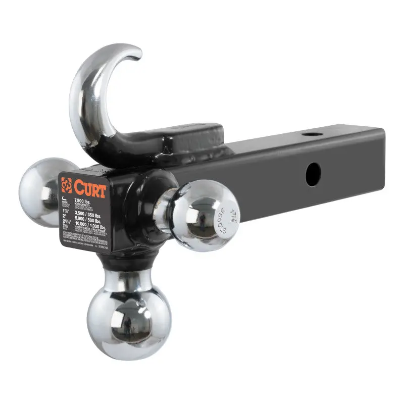 Curt Multi-Ball Mount With Integrated Hook — 2" Solid Shank, Triple Chrome Balls (1-7/8", 2", 2-5/16") 1